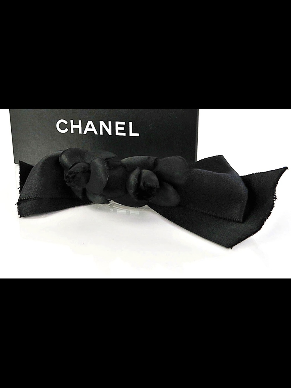 CHANEL Black Satin Camellia Ribbon Hair Barrette